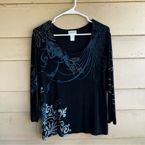 CHICO'S TRAVELERS Woman Slinky Knit 3/4 Sleeve Blouse Geo Sz M